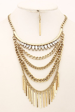 Multi Layered Statement Necklace Set With Fringes And Rhinestones 6CAC6
